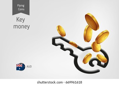Key icon with flying Australian Dollar coins, finance concept.