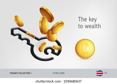 Key icon with flying Costa Rican Colon coins, finance concept. Vector illustration for print, websites, web design, mobile app, infographics.