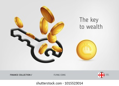 Key icon with flying Georgian Lari coins, finance concept. Vector illustration for print, websites, web design, mobile app, infographics.