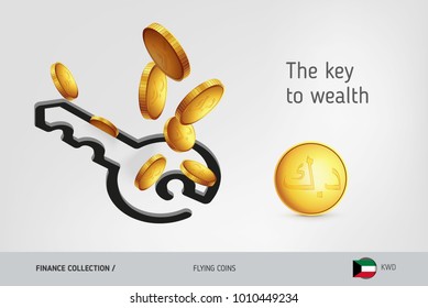 Key icon with flying Kuwaiti Dinar coins, finance concept. Vector illustration for print, websites, web design, mobile app, infographics.