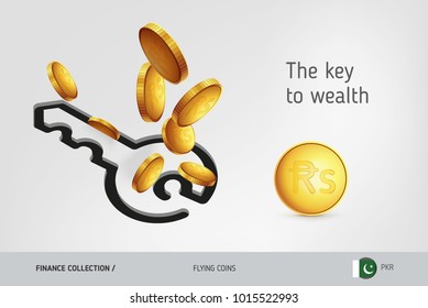 Key icon with flying Pakistani Rupee coins, finance concept. Vector illustration for print, websites, web design, mobile app, infographics.