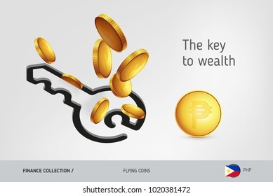 Key icon with flying Philippine Peso coins, finance concept. Vector illustration for print, websites, web design, mobile app, infographics.