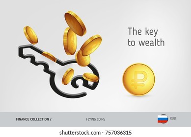 Key icon with flying Russian Ruble coins coins, finance concept. Vector illustration for print, websites, web design, mobile app, infographics.