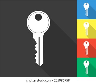 key icon - gray and colored (blue, yellow, red, green) vector illustration with long shadow