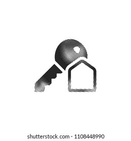 Key icon in halftone style. Black and white monochrome vector illustration.