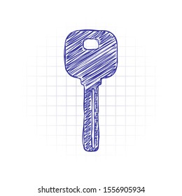 key icon. Hand drawn sketched picture with scribble fill. Blue ink. Doodle on white background