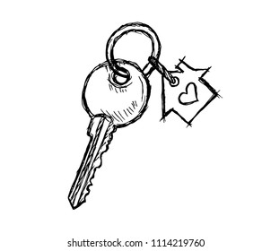 Key Icon. Key of house isolated on white background. Hand drawn vector illustration.