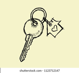 Key Icon. Key of house isolated on color background. Hand drawn vector illustration.