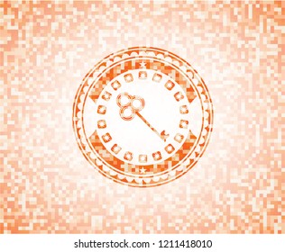 key icon inside abstract emblem, orange mosaic background