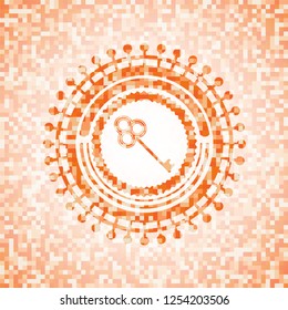 key icon inside abstract emblem, orange mosaic background
