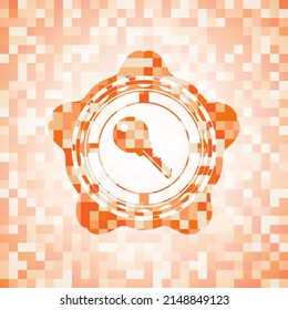 icono de tecla dentro del emblema abstracto de mosaico naranja con fondo. 