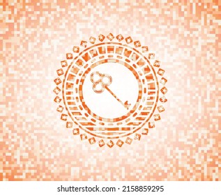 icono de tecla dentro del emblema abstracto de mosaico naranja con fondo. 