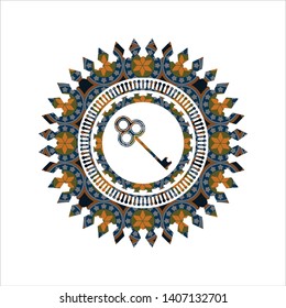 key icon inside arabesque emblem background. arabic decoration.
