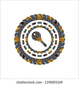 key icon inside arabic badge. Arabesque decoration.