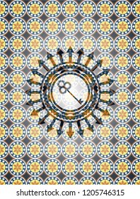 key icon inside arabic badge background. Arabesque decoration.