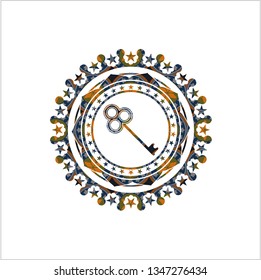 key icon inside arabic badge background. Arabesque decoration.