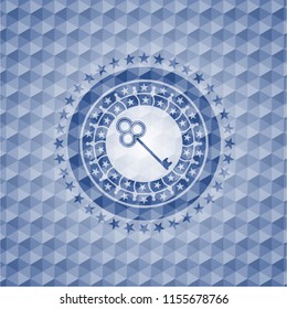 key icon inside blue badge with geometric pattern background.