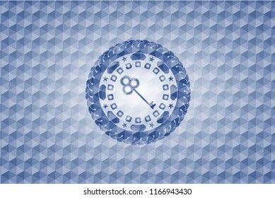 key icon inside blue badge with geometric pattern background.