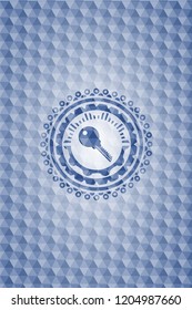 key icon inside blue badge with geometric background.