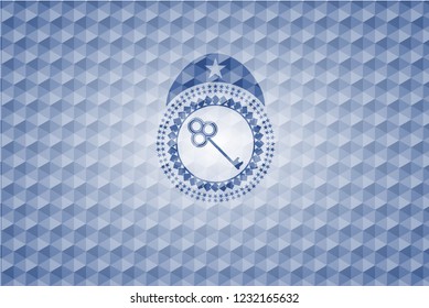 key icon inside blue badge with geometric pattern.