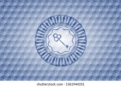 key icon inside blue badge with geometric background.