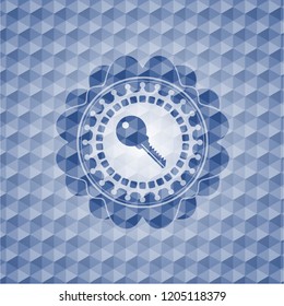 key icon inside blue emblem with geometric pattern background.