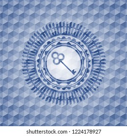 key icon inside blue emblem with geometric pattern background.