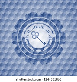 key icon inside blue emblem or badge with geometric pattern background.