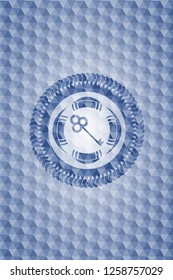 key icon inside blue emblem with geometric background.