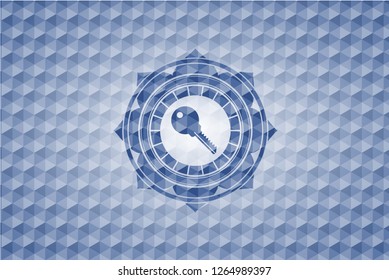 key icon inside blue emblem or badge with abstract geometric polygonal pattern background.