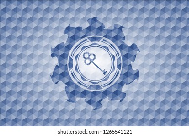 key icon inside blue emblem with geometric pattern background.