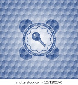 key icon inside blue emblem or badge with abstract geometric pattern background.