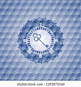 key icon inside blue emblem or badge with abstract geometric polygonal pattern background.