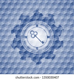 key icon inside blue emblem or badge with abstract geometric polygonal pattern background.