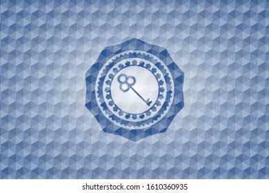 key icon inside blue emblem or badge with abstract geometric polygonal pattern background.