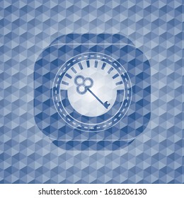 key icon inside blue emblem or badge with geometric pattern background.