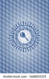 key icon inside blue emblem or badge with abstract geometric pattern background.