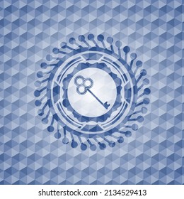 key icon inside blue emblem with geometric pattern. 