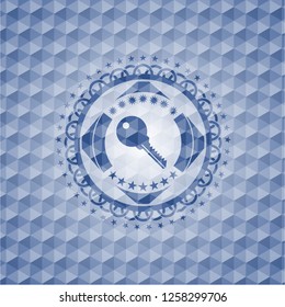 key icon inside blue hexagon emblem.