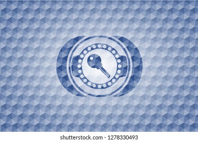 key icon inside blue hexagon emblem.