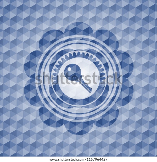 key icon inside blue\
hexagon badge.