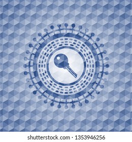 key icon inside blue polygonal emblem.