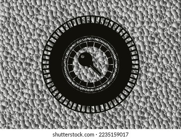 key icon inside dark emblem with grey bubbles background. Vector Illustration. Detailed. 