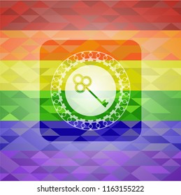 key icon inside emblem on mosaic background with the colors of the LGBT flag