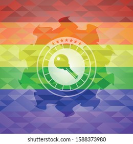 key icon inside emblem on mosaic background with the colors of the LGBT flag