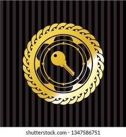 key icon inside gold badge or emblem