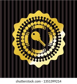 key icon inside gold badge or emblem
