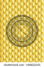 key icon inside gold badge or emblem. Scales pattern. Vector Illustration. Detailed.