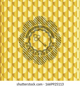 icono de la tecla dentro del emblema dorado o la placa. Patrón de escalas. Ilustración vectorial. Detallado.