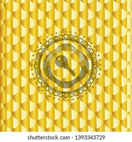 key icon inside gold shiny emblem. Scales pattern. Vector Illustration. Detailed.